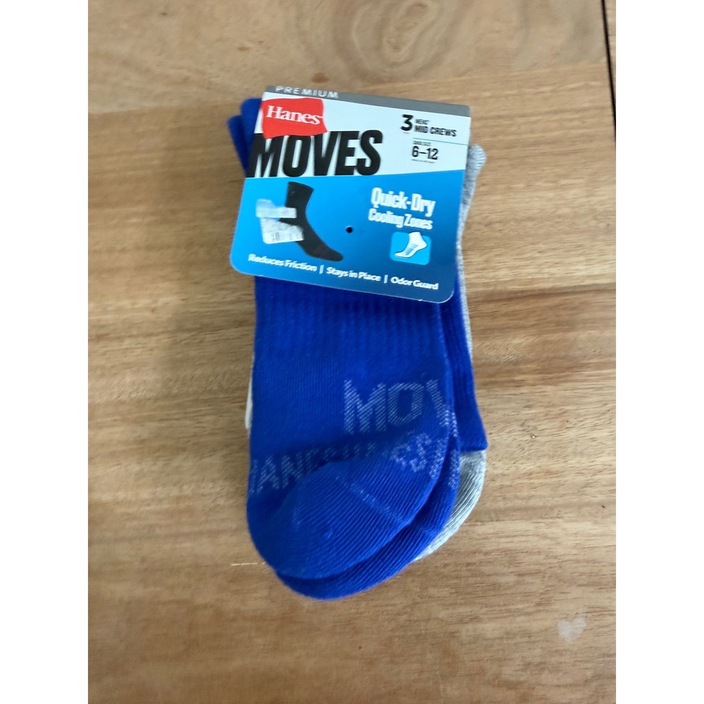 Hanes Premium Moves Mens Mid Crew Socks 3 Pack Blue Grey Black Size 6-12 PMMV84